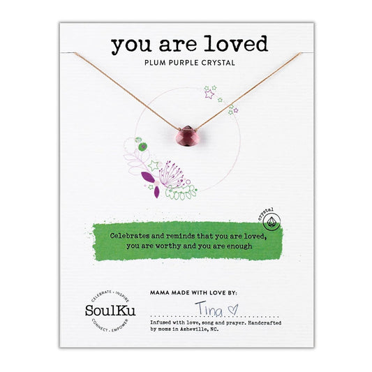 Soul Shine Handmade Necklace, Empowering Jewelry with Healing Crystal, Inspirational Jewelry for Women, Mom & Sister, 2" Extender with Lobster Clasp, 16" Nylon Cord (Plum Purple, You'Re Loved)