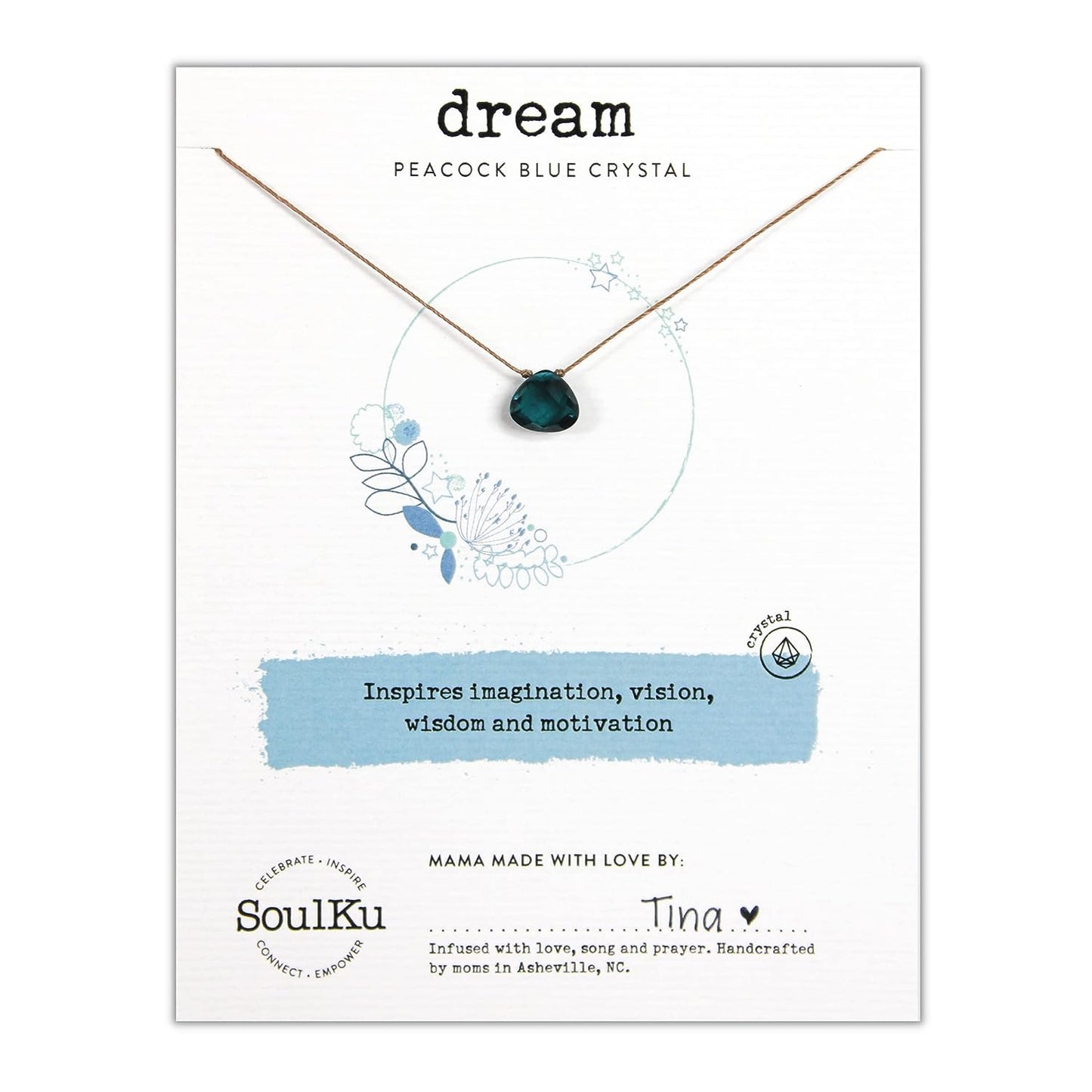 Soul Shine Handmade Necklace, Empowering Jewelry with Healing Crystal, Inspirational Jewelry for Women, Mom & Sister, 2"" Extender with Lobster Clasp, 16"" Nylon Cord (Peacock Blue, Dream)