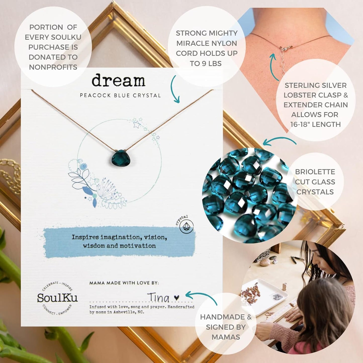 Soul Shine Handmade Necklace, Empowering Jewelry with Healing Crystal, Inspirational Jewelry for Women, Mom & Sister, 2"" Extender with Lobster Clasp, 16"" Nylon Cord (Peacock Blue, Dream)