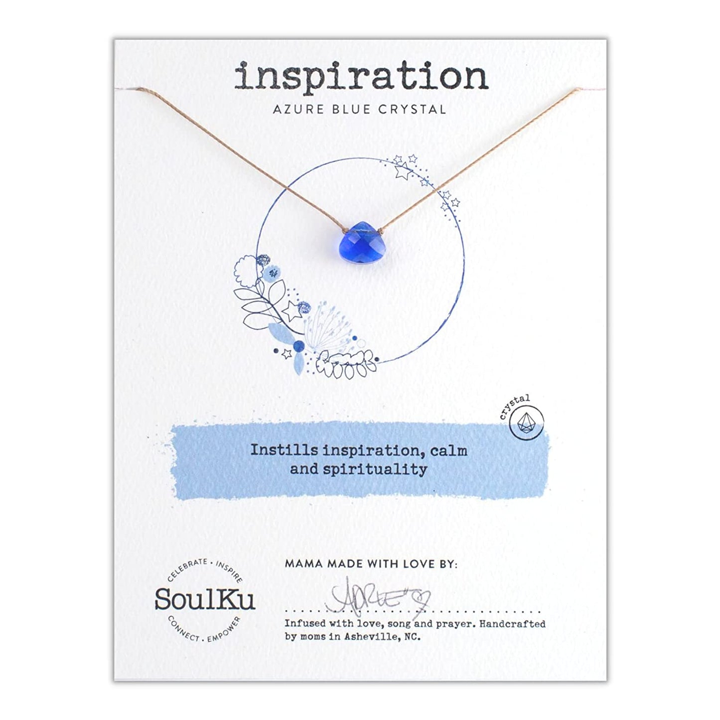 INSPIRATION Soul Shine Handmade Necklace, Empowering Jewelry with Healing Crystal, Inspirational Jewelry for Women, Mom & Sister, 2" Extender with Lobster Clasp, 16" Nylon Cord (Azure Blue, Inspiration)