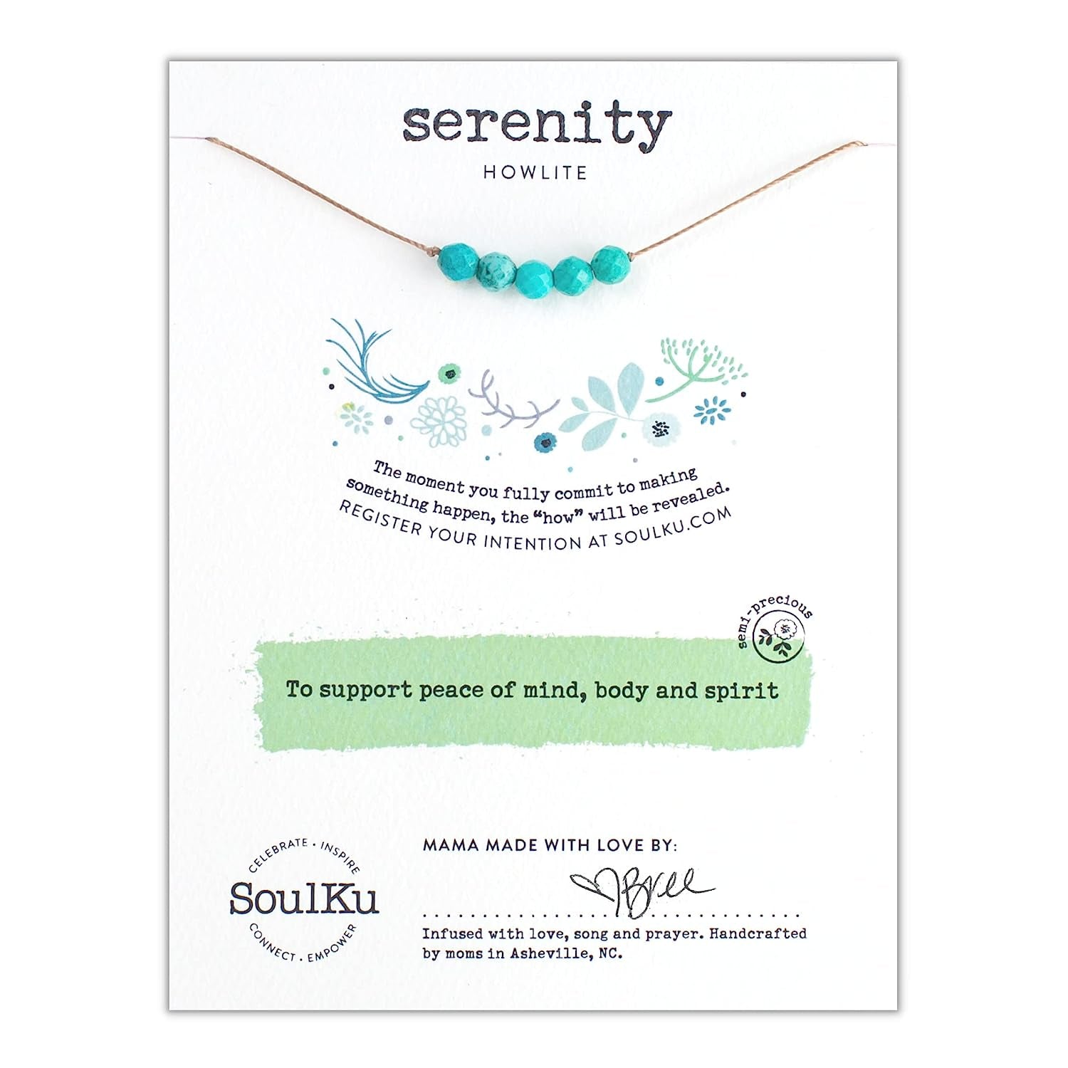 SERENITY﻿﻿ Gemstone Necklace, Handmade Healing Crystal Jewelry, Motivation Jewelry for Women, Five Faceted Gemstone Beads, 16" Nylon Cord plus 2" Extender with Lobster Clasp (Howlite, Serenity