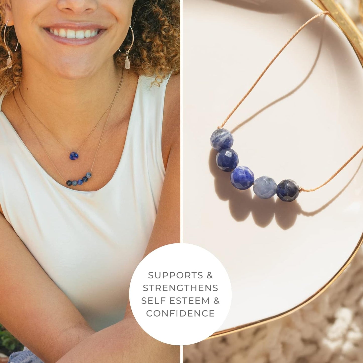 ﻿﻿ Gemstone Necklace, Handmade Healing Crystal Jewelry, Motivation Jewelry for Women, Five Faceted Gemstone Beads, 16" Nylon Cord plus 2" Extender with Lobster Clasp (Sodalite, Confidence)