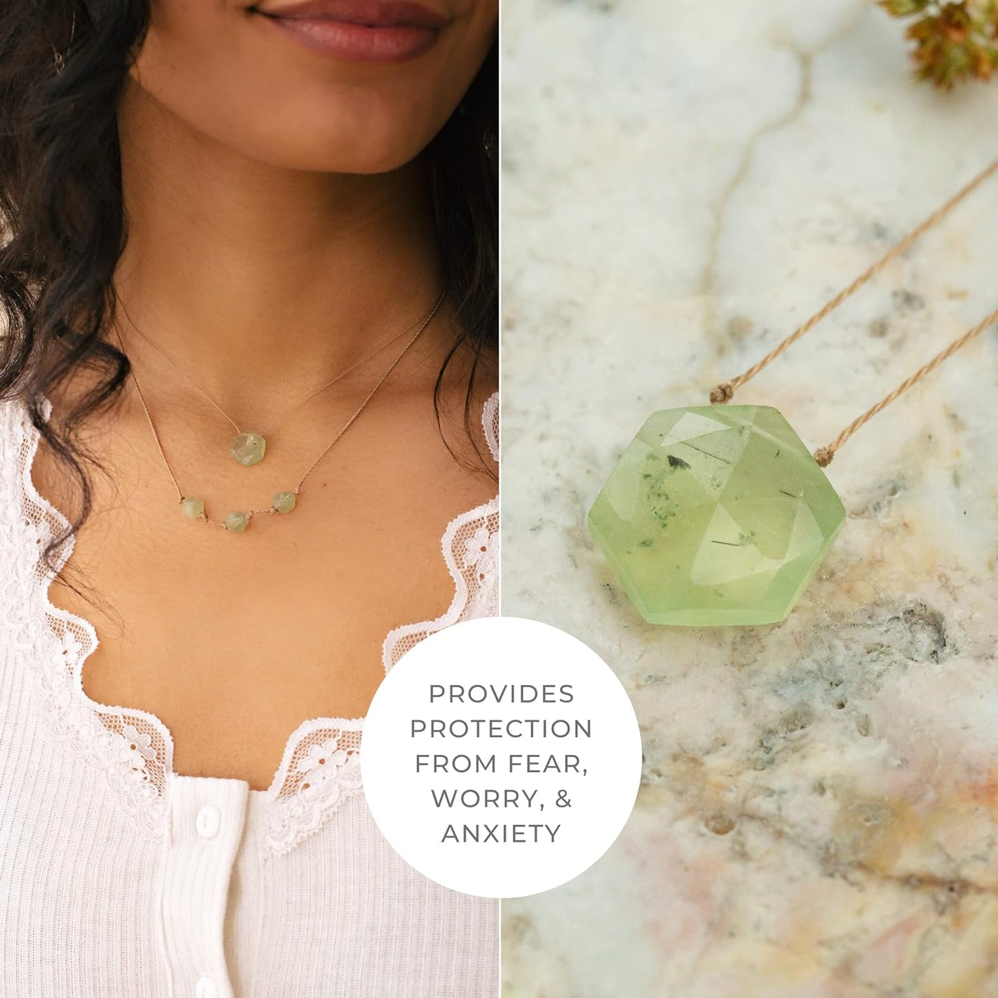 Sacred Geometry Necklace, Crystal Pendant Necklace for Women, Jewelry with Healing Gemstone, 16" Nylon Cord with 2" Sterling Silver Extender (Prehnite, Protect)