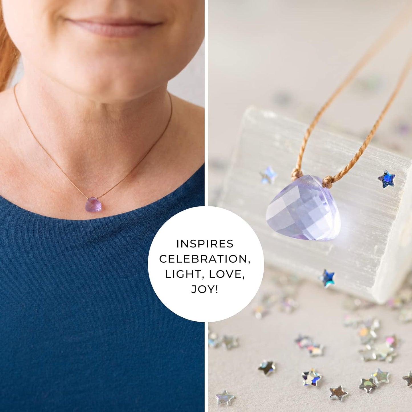 CELEBRATION Soul Shine Handmade Necklace, Empowering Jewelry with Healing Crystal, Inspirational Jewelry for Women, Mom & Sister, 2"" Extender with Lobster Clasp, 16"" Nylon Cord (Lavender, Celebration)