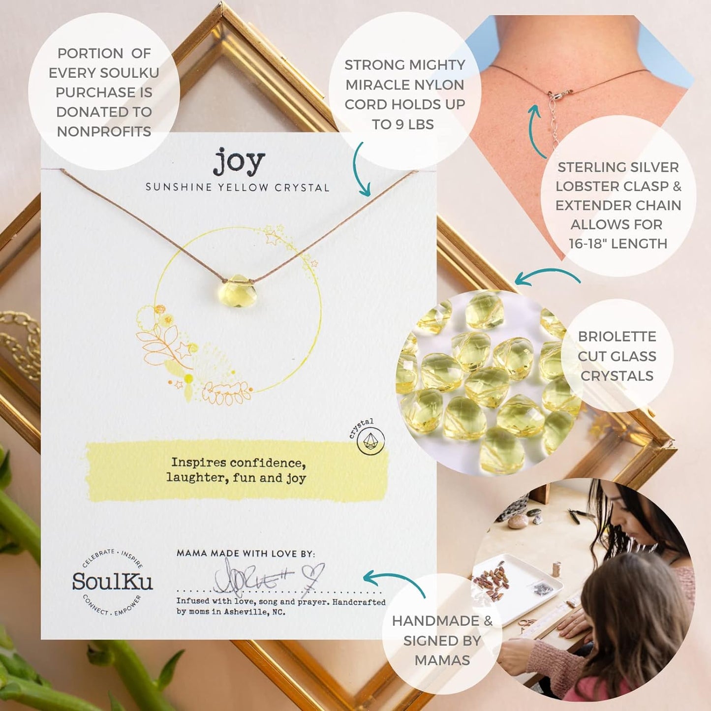 Soul Shine Handmade Necklace, Empowering Jewelry with Healing Crystal, Inspirational Jewelry for Women, Mom & Sister, 2"" Extender with Lobster Clasp, 16"" Nylon Cord (Sunshine Yellow, Joy)