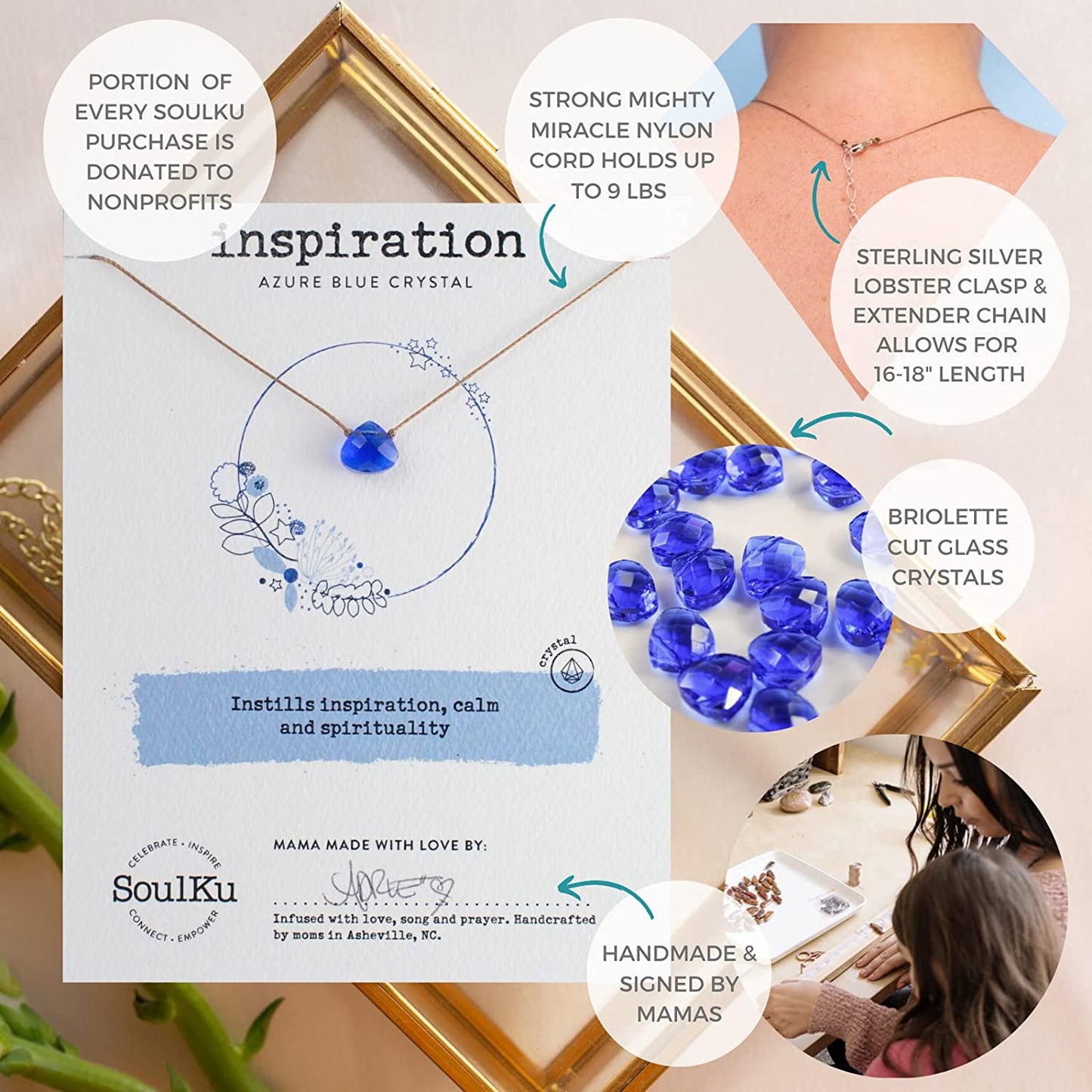 INSPIRATION Soul Shine Handmade Necklace, Empowering Jewelry with Healing Crystal, Inspirational Jewelry for Women, Mom & Sister, 2" Extender with Lobster Clasp, 16" Nylon Cord (Azure Blue, Inspiration)