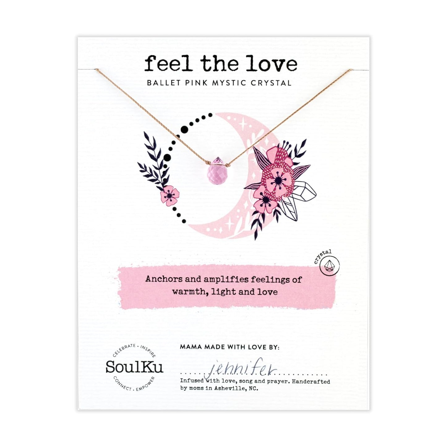 FEEL THE LOVE Mystic Necklace for Women & Teen Girls, Motivational Jewelry, Handmade Necklace with Crystals, Inspirational Gift for Her, 18" Nylon Cord, 18K Gold Plated Clasp (Ballet Pink, Feel the Love)