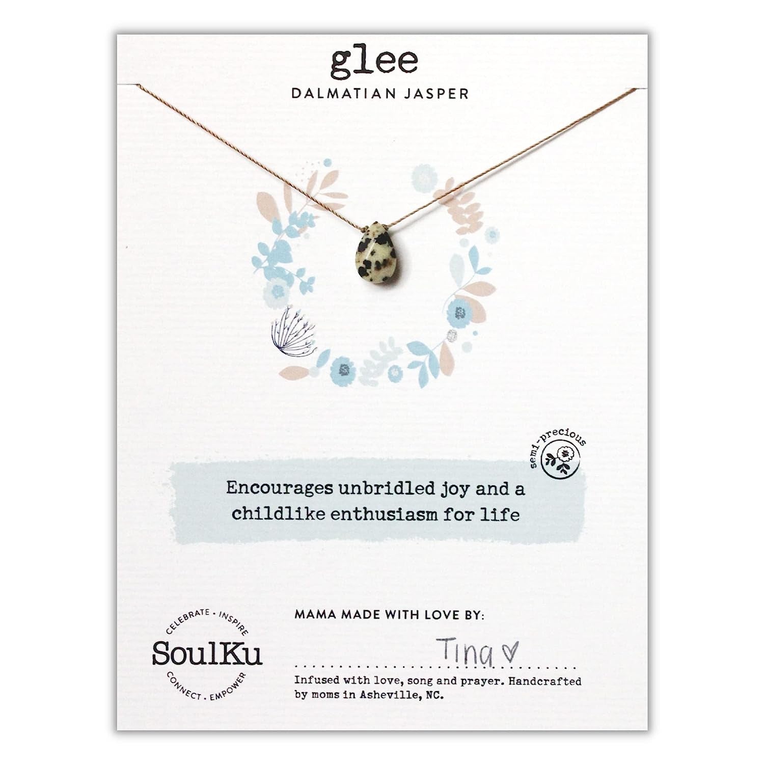 GLEE Handcrafted Necklace, Empowerment Jewelry with Healing Crystal, Inspirational Jewelry for Women, Mom & Sister Gifts, 2" Extender with Lobster Clasp, 16" Nylon Cord (Glee, Dalmatian Jasper)