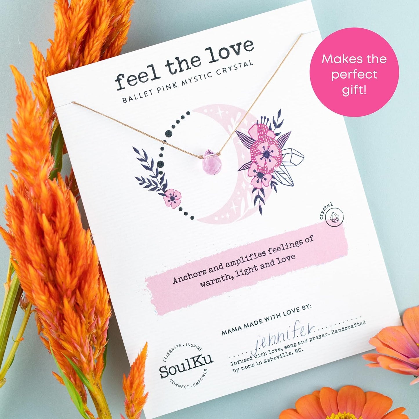 FEEL THE LOVE Mystic Necklace for Women & Teen Girls, Motivational Jewelry, Handmade Necklace with Crystals, Inspirational Gift for Her, 18" Nylon Cord, 18K Gold Plated Clasp (Ballet Pink, Feel the Love)