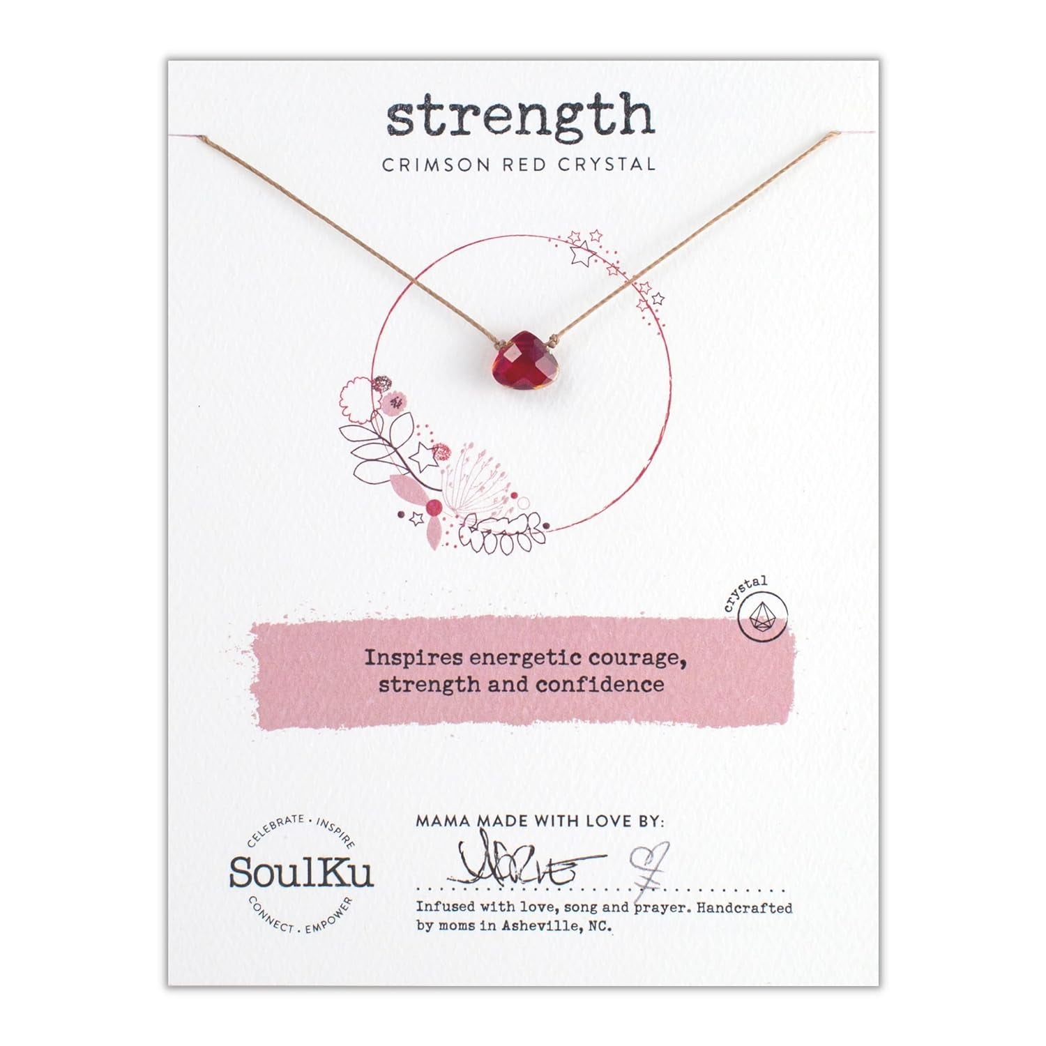 STRENGTH Soul Shine Handmade Necklace, Empowering Jewelry with Healing Crystal, Inspirational Jewelry for Women, Mom & Sister, 2" Extender with Lobster Clasp, 16" Nylon Cord (Crimson Red, Strength)