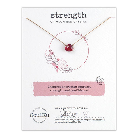 STRENGTH Soul Shine Handmade Necklace, Empowering Jewelry with Healing Crystal, Inspirational Jewelry for Women, Mom & Sister, 2" Extender with Lobster Clasp, 16" Nylon Cord (Crimson Red, Strength)