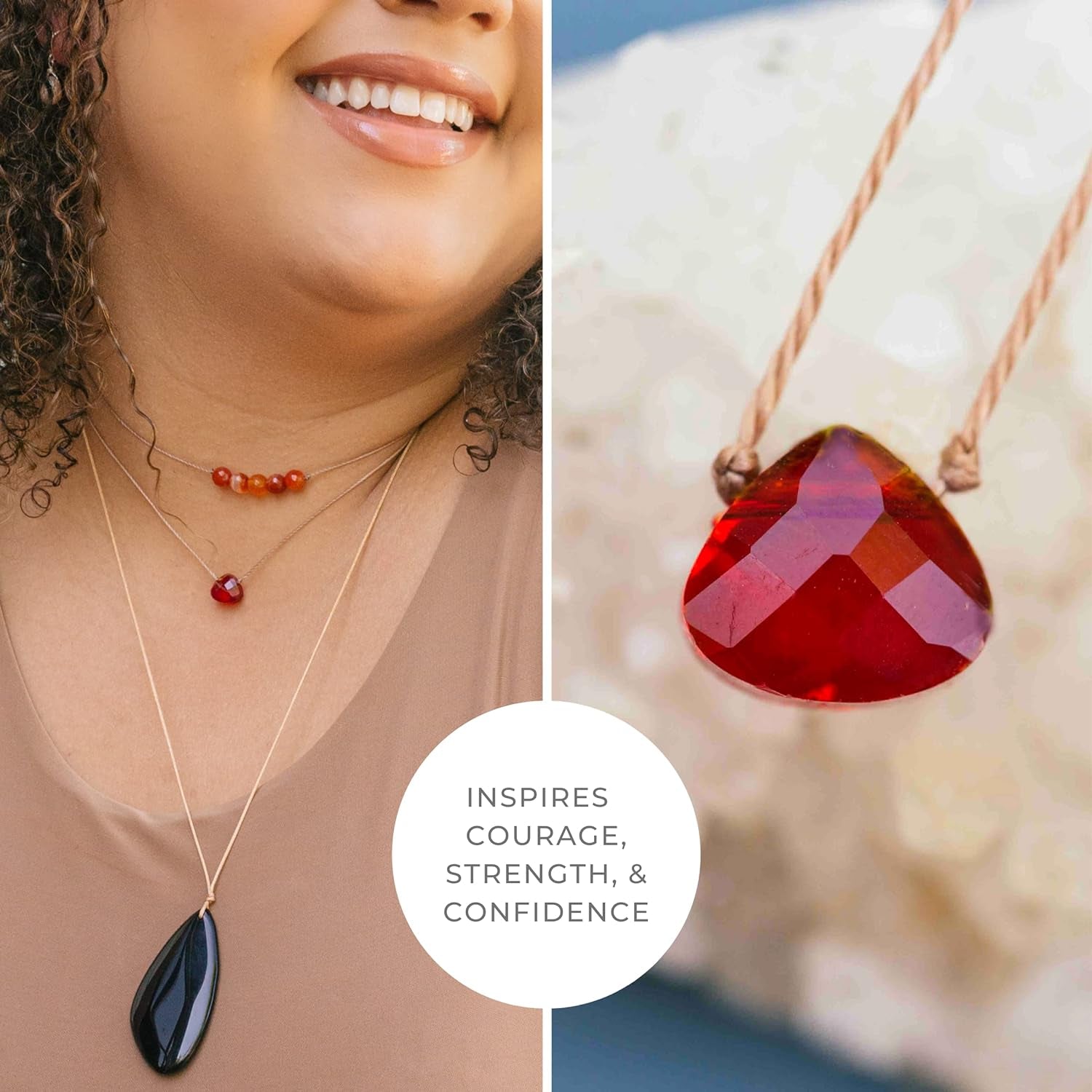 STRENGTH Soul Shine Handmade Necklace, Empowering Jewelry with Healing Crystal, Inspirational Jewelry for Women, Mom & Sister, 2" Extender with Lobster Clasp, 16" Nylon Cord (Crimson Red, Strength)