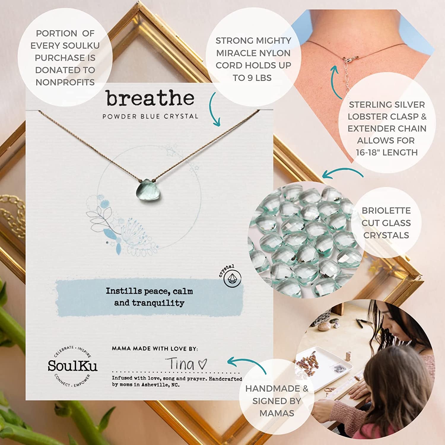 BREATHE Soul Shine Handmade Necklace, Empowering Jewelry with Healing Crystal, Inspirational Jewelry for Women, Mom & Sister, 2"" Extender with Lobster Clasp, 16"" Nylon Cord (Powder Blue, Breathe)