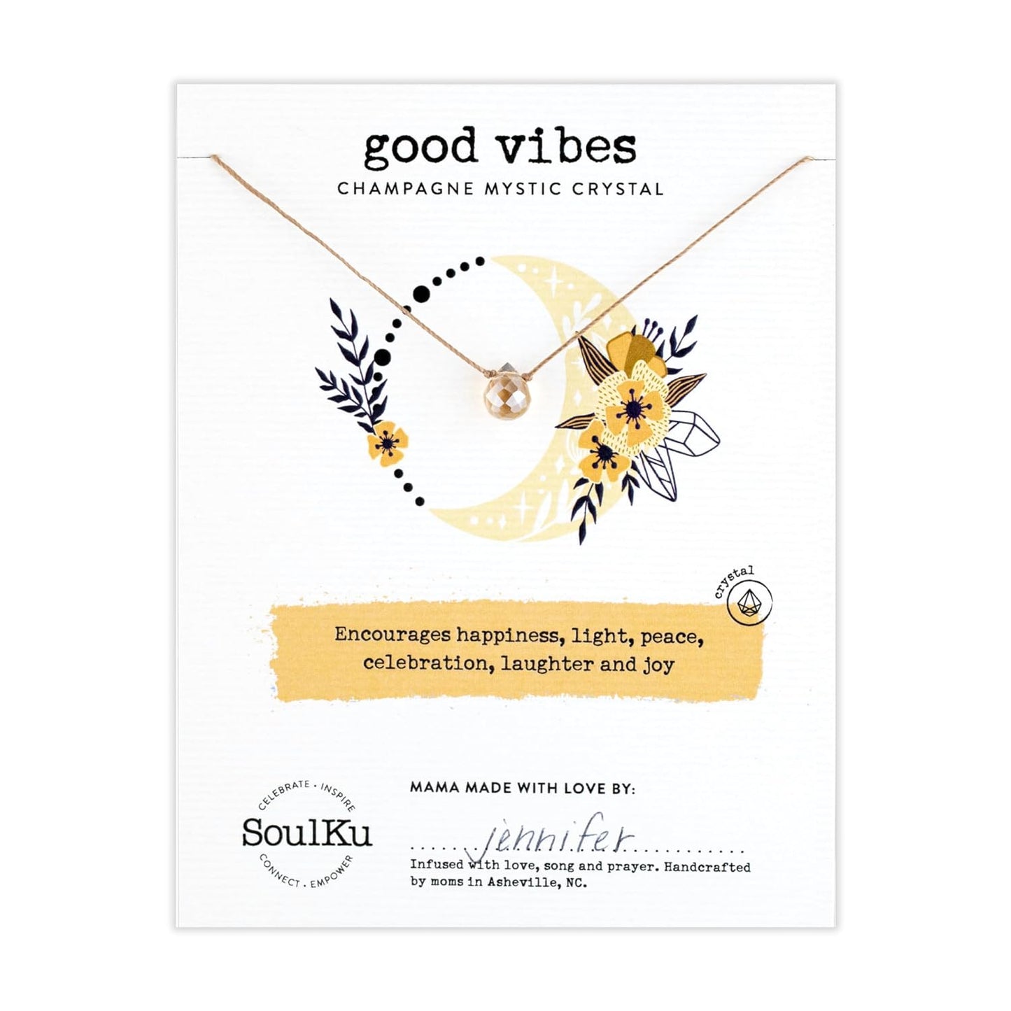 GOOD VIBES Mystic Necklace for Women & Teen Girls, Motivational Jewelry, Handmade Necklace with Crystals, Inspirational Gift for Her, 18" Nylon Cord with 18K Gold Plated Clasp (Champagne, Good Vibes)