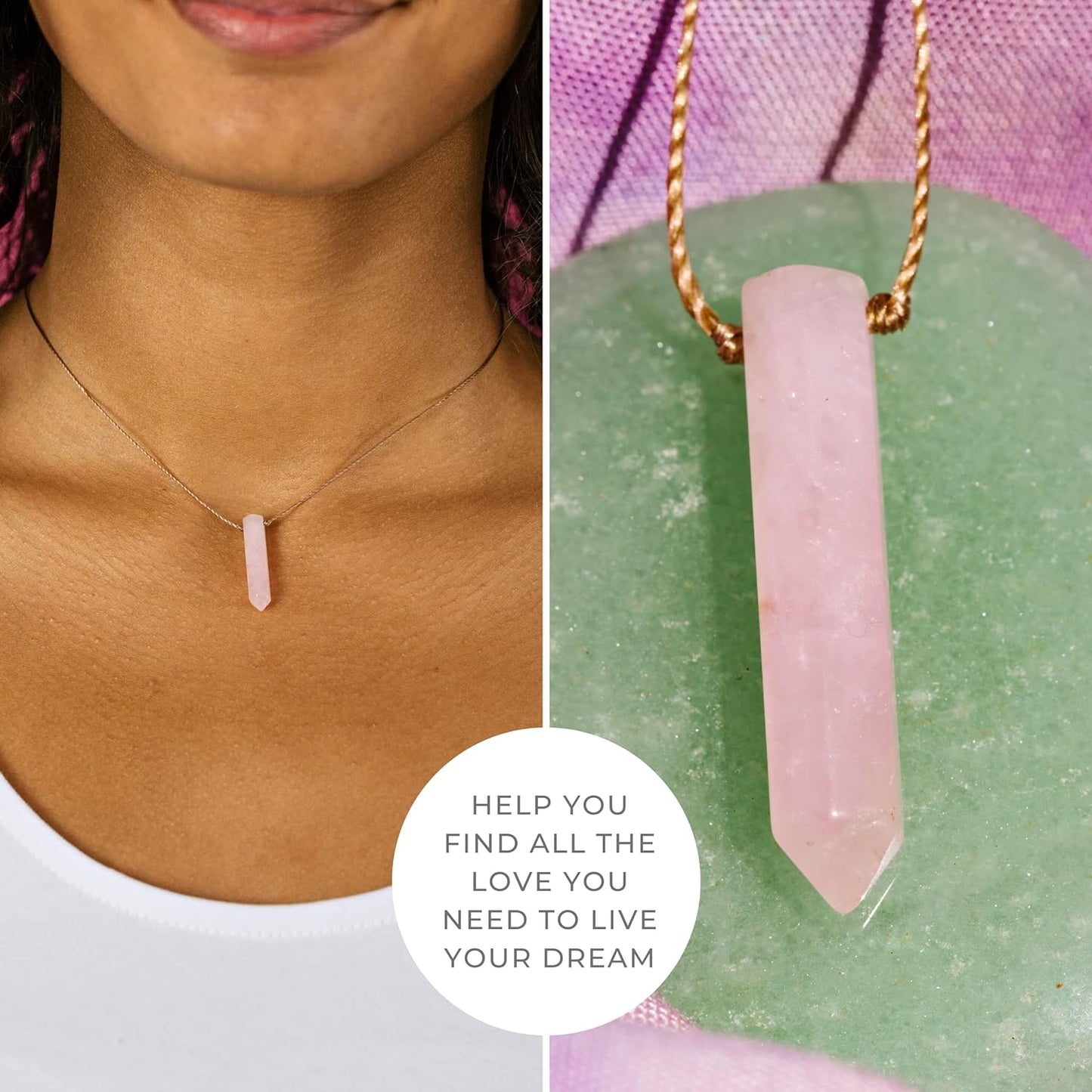 Crystal Necklace, Empowering Jewelry with Healing Crystal, Inspirational Handmade Jewelry for Women, 16" Nylon Cord with 2" Sterling Silver Extender (Rose Quartz, Love)