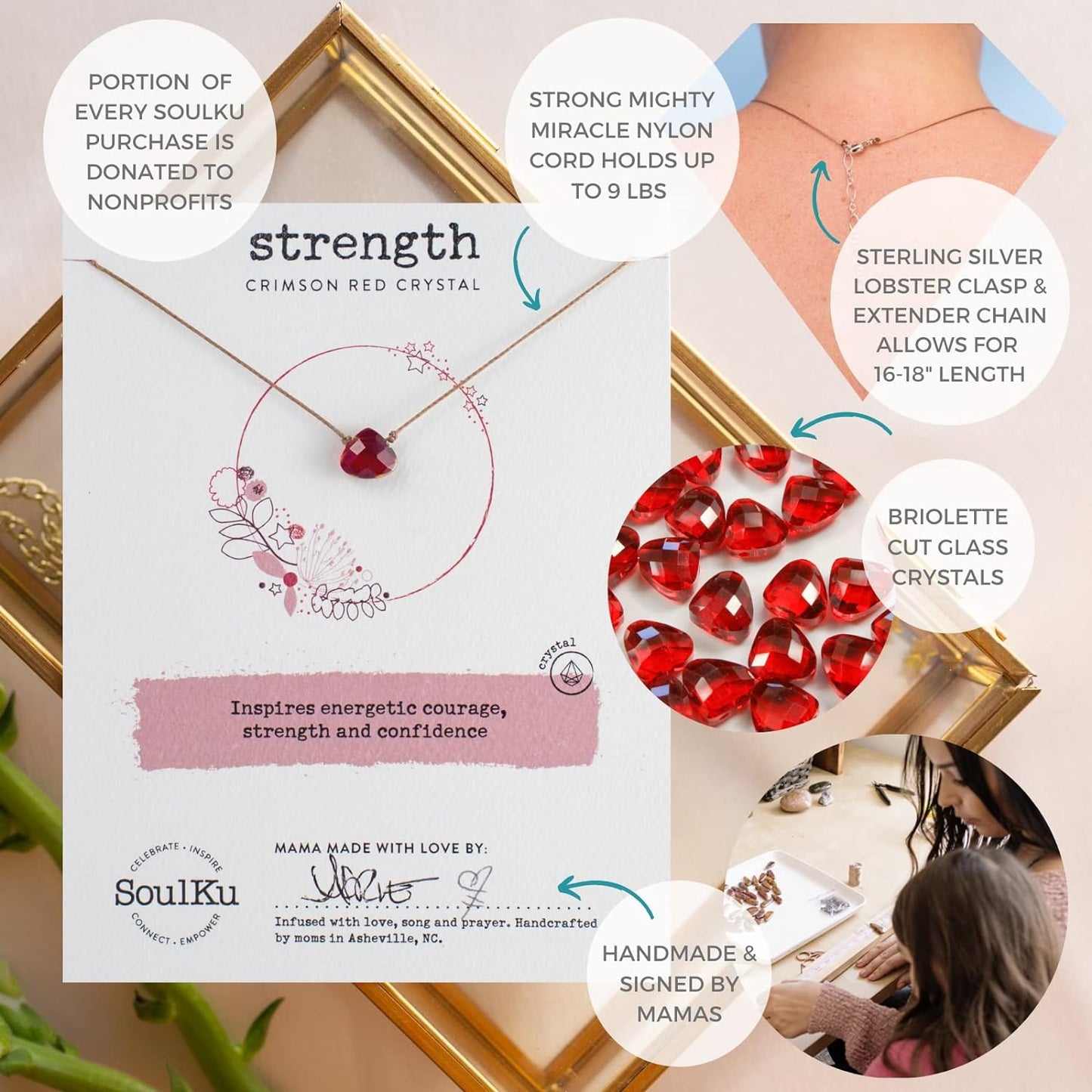 STRENGTH Soul Shine Handmade Necklace, Empowering Jewelry with Healing Crystal, Inspirational Jewelry for Women, Mom & Sister, 2" Extender with Lobster Clasp, 16" Nylon Cord (Crimson Red, Strength)