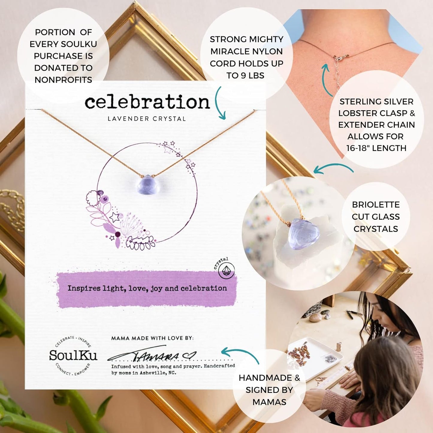 CELEBRATION Soul Shine Handmade Necklace, Empowering Jewelry with Healing Crystal, Inspirational Jewelry for Women, Mom & Sister, 2"" Extender with Lobster Clasp, 16"" Nylon Cord (Lavender, Celebration)