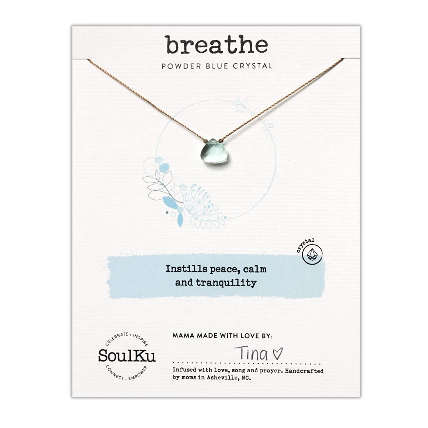 BREATHE Soul Shine Handmade Necklace, Empowering Jewelry with Healing Crystal, Inspirational Jewelry for Women, Mom & Sister, 2"" Extender with Lobster Clasp, 16"" Nylon Cord (Powder Blue, Breathe)