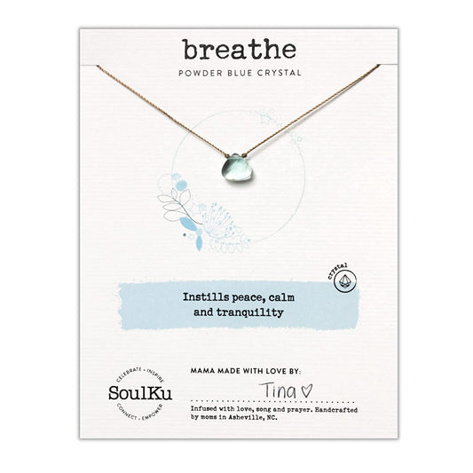 BREATHE Soul Shine Handmade Necklace, Empowering Jewelry with Healing Crystal, Inspirational Jewelry for Women, Mom & Sister, 2"" Extender with Lobster Clasp, 16"" Nylon Cord (Powder Blue, Breathe)